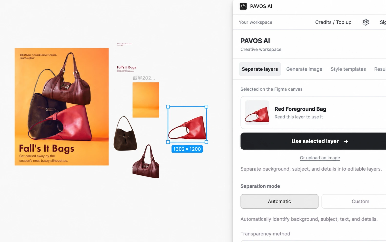 Pavos plugin in Figma, showing image layer separation and a layer list.